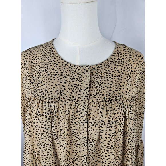 Halston Blouse Size Medium Babydoll Poet Tan Black Animal Print - Picture 3 of 9